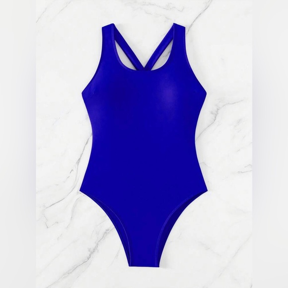 Royal Blue Criss Cross Backless One Piece Swimsuit - Picture 2 of 8
